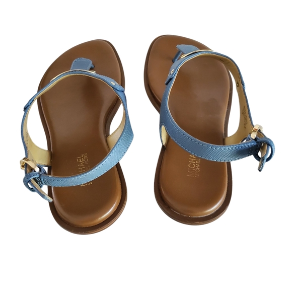 MICHAEL Michael Kors Blue Leather Gold Logo Plate Strappy Thong Sandal Women's 6 - Picture 4 of 11